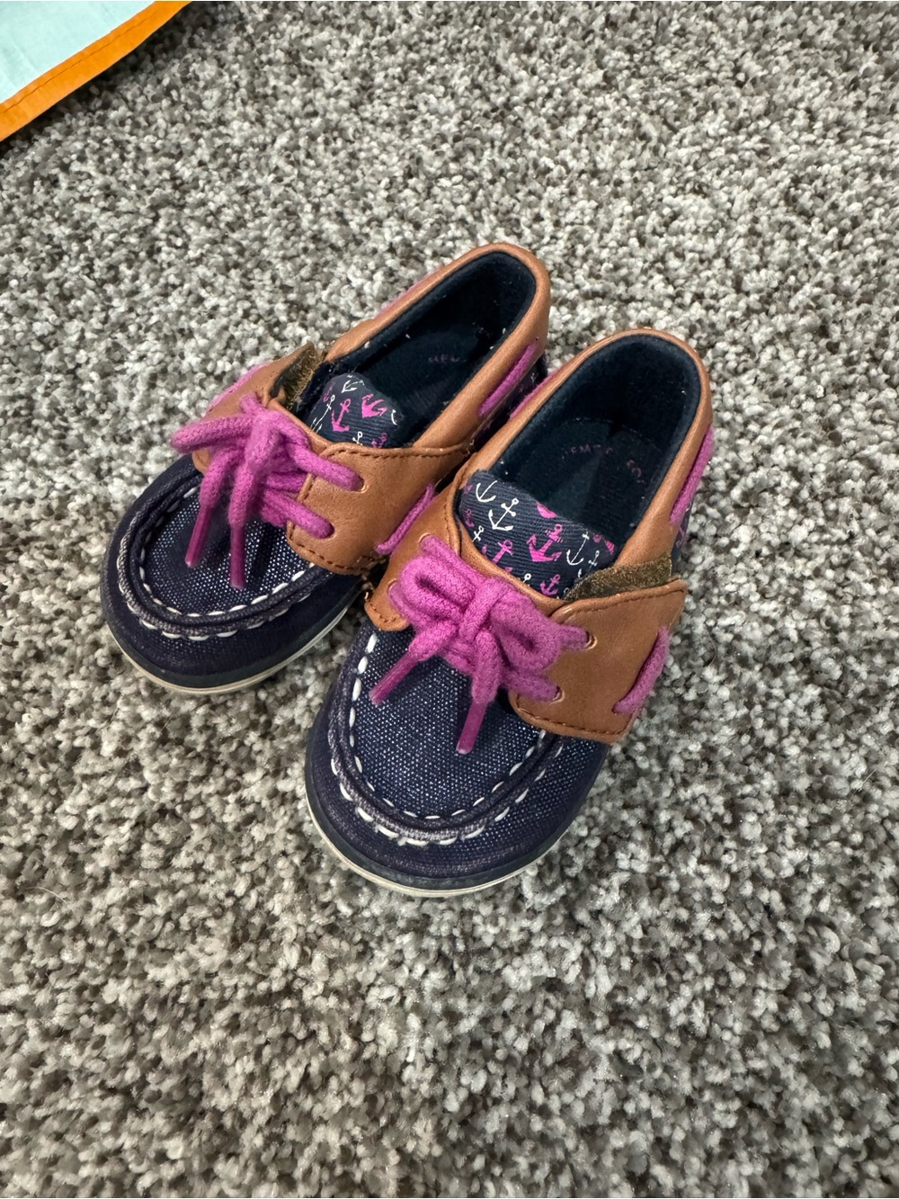 Sperry Navy and Brown Baby Boat Shoes with Pink Laces